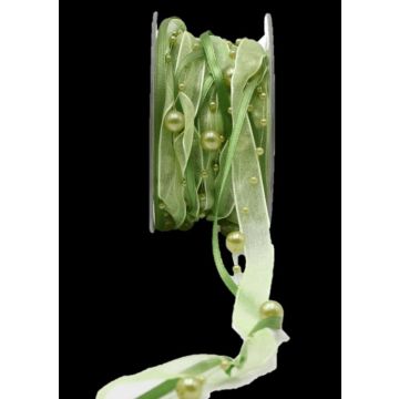 Cinta decorativa con cuentas CARESA de gasa y satén, verde, 5 m, 20 mm Cinta decorativa con cuentas CARESA de gasa y satén, verde, 5 m, 20 mm