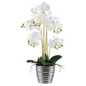 Orquídea Phalaenopsis artificial VORDLIN, maceta de cerámica plateada, raíces, blanca, 60 cm