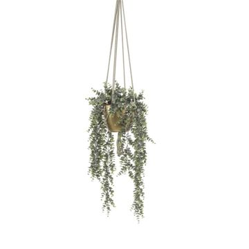 Cesta colgante de eucalipto artificial RAMINA, maceta cerámica dorada, verde-gris, 75cm
