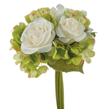 Ramo de flores artificiales FOUDILA, rosas, hortensias, verde crema, 25cm