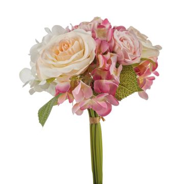 Ramo de flores artificiales FOUDILA, rosas hortensias, crema-rosa, 25cm