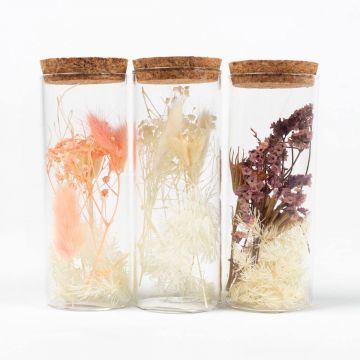Flores secas en vidrio FELICITY, 3 piezas, rosa-morado-blanco, 12,5cm, Ø4,5cm