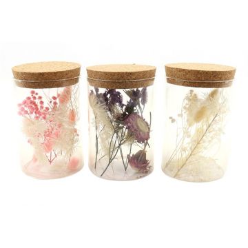 Flores secas en vidrio FELICITY, 3 piezas, rosa-morado-blanco, 13cm, Ø8cm
