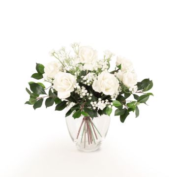 Ramo artificial de rosas AMELIE, gypsophila, blanco, 45cm, Ø40cm